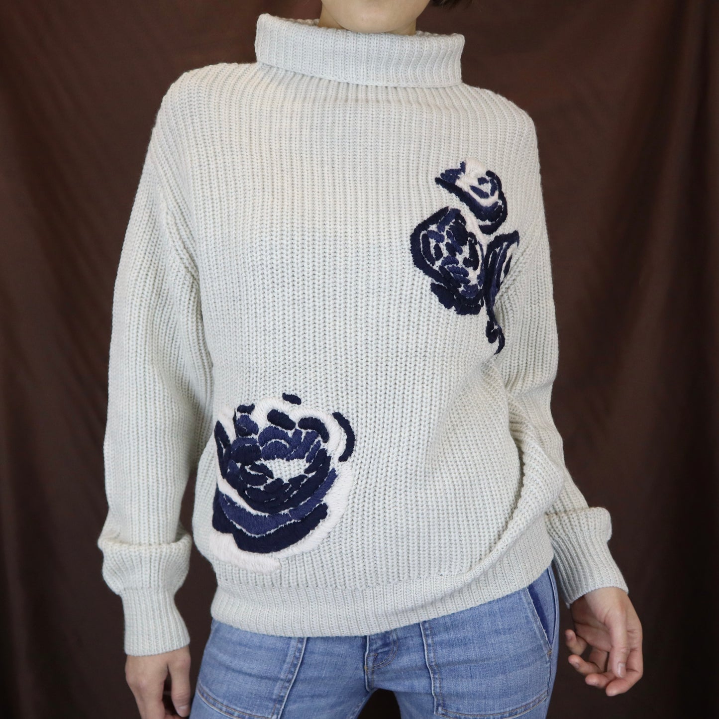 Turtle-neck Oversized Sweater with Peonies Pattern