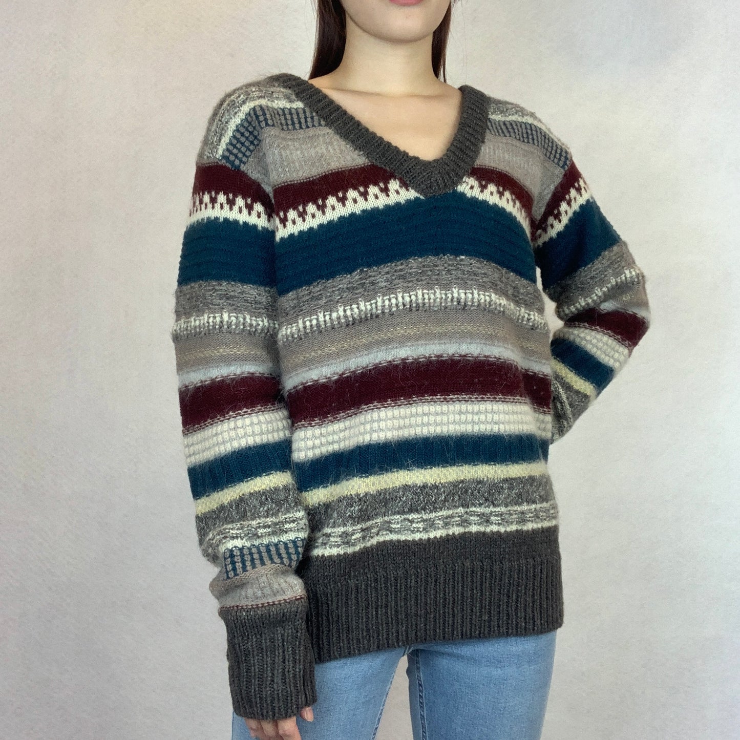 Winter Striped V-Neck Angora Wool Sweater