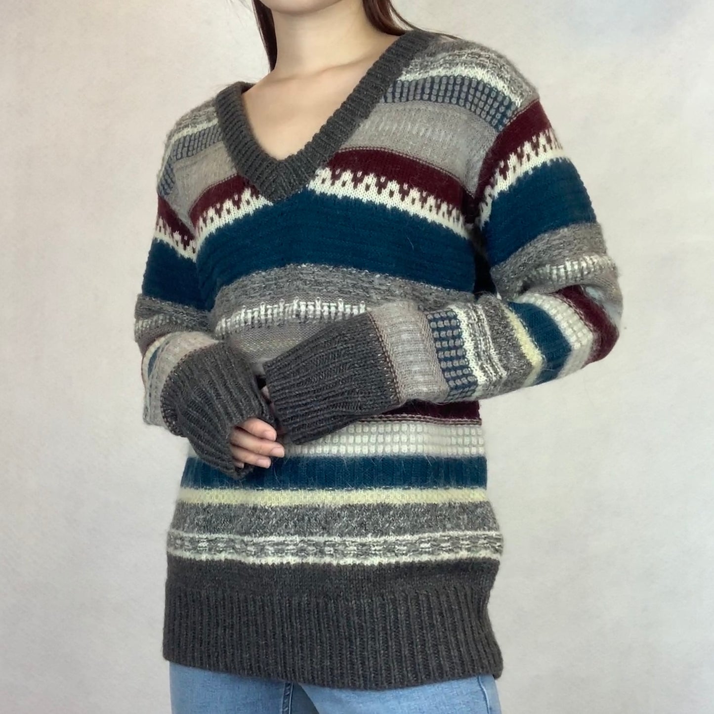 Winter Striped V-Neck Angora Wool Sweater