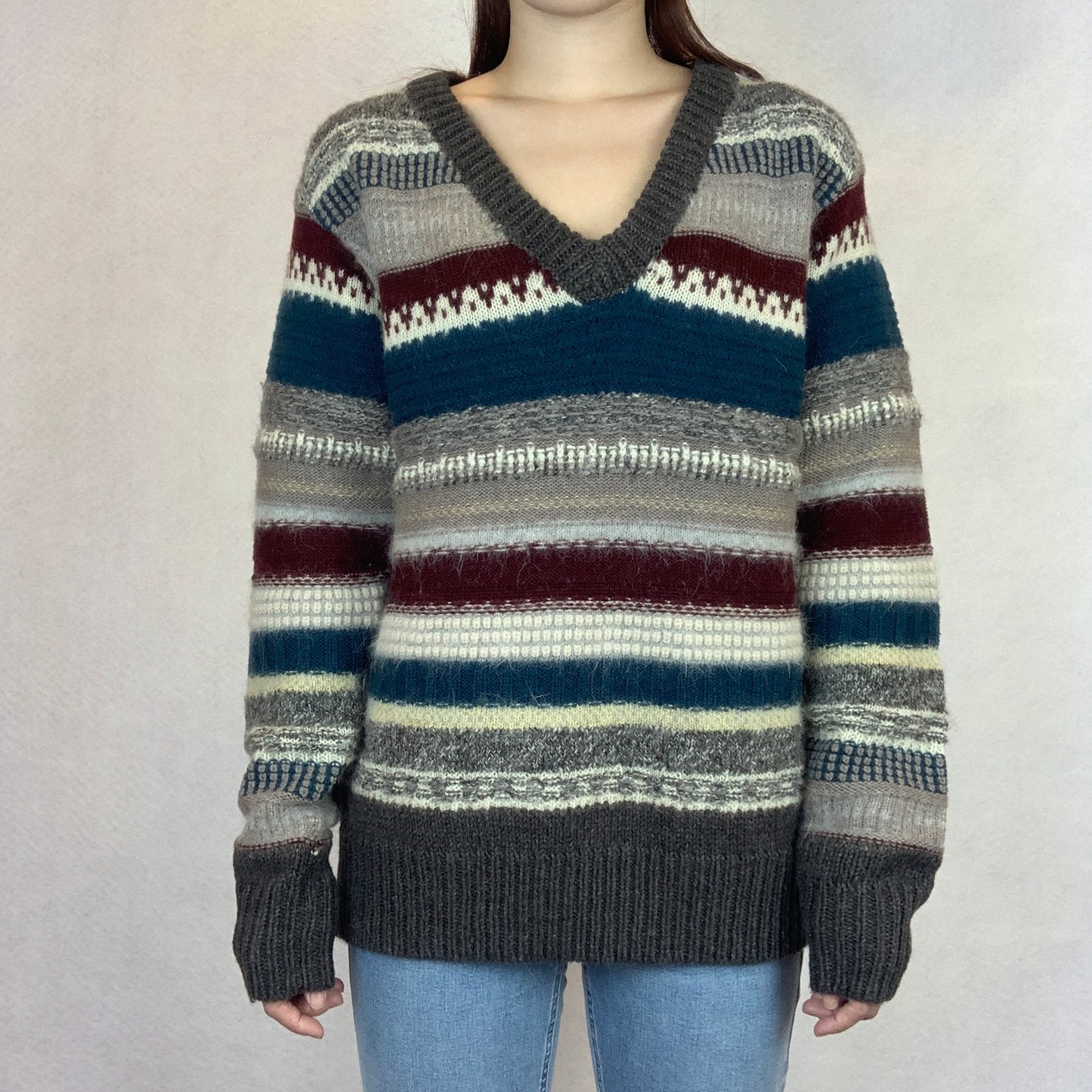 Winter Striped V-Neck Angora Wool Sweater