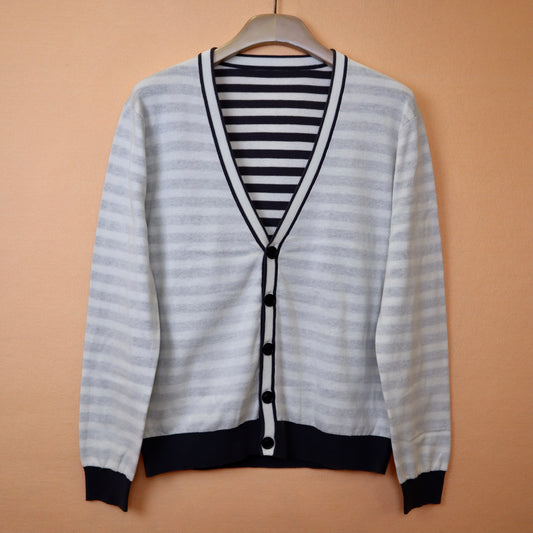 White Cardigan with Grey Stripes