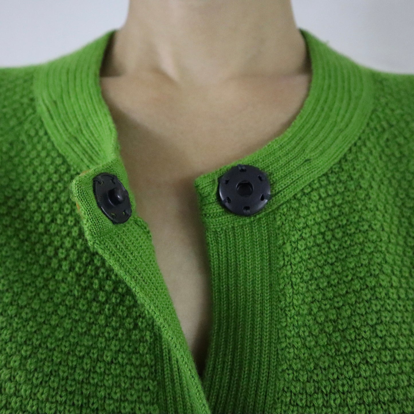 Green Cardigan with Yellow Buttons