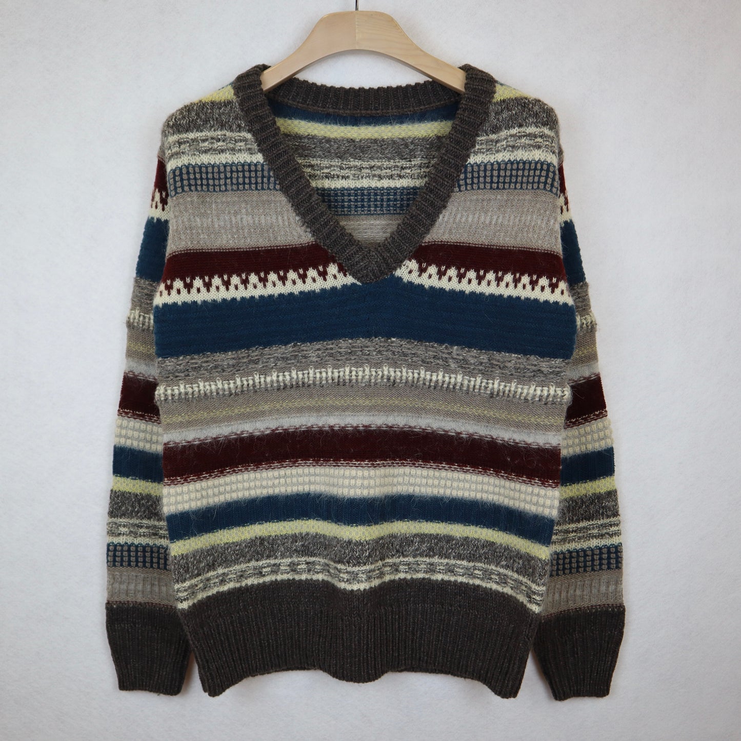 Winter Striped V-Neck Angora Wool Sweater