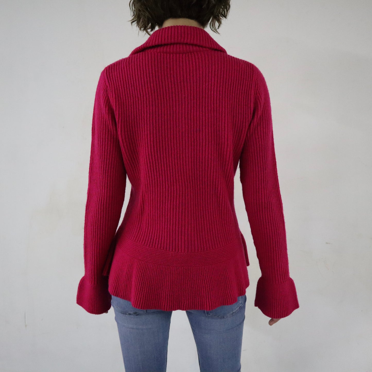 Red Pink Slim Fit Cardigan with Bell Shaped Sleeves