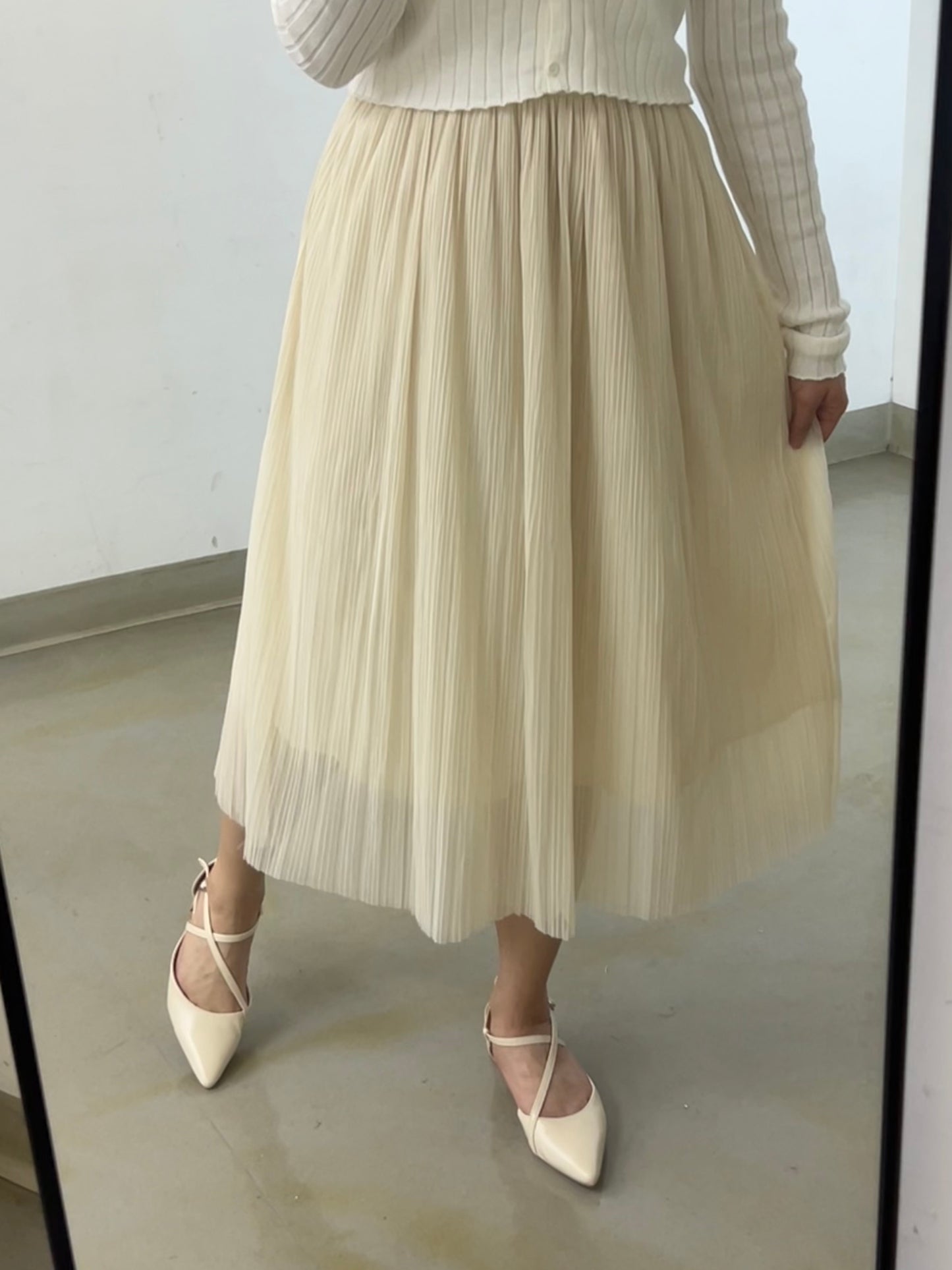 Beige Chiffon Calf-length Skirt