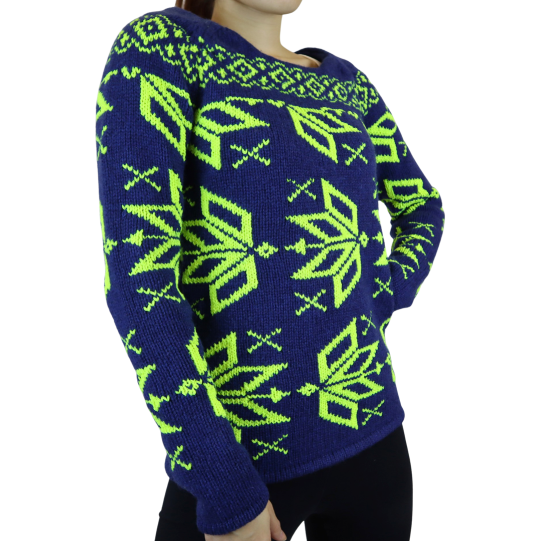 Dark Blue Sweater with Neon Yellow Snowflakes Pattern