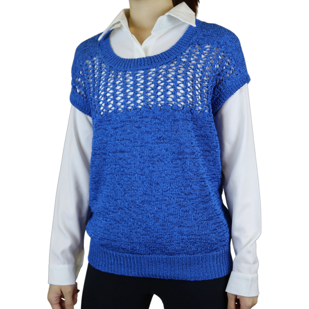 Blue Round-Neck Vest with Hole-Pattern