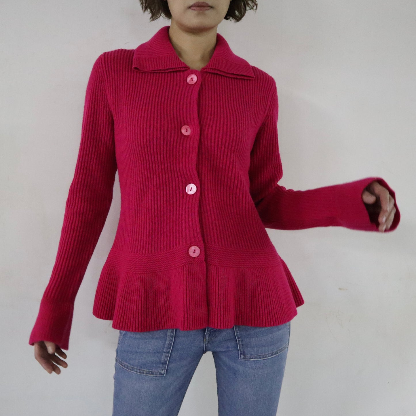 Red Pink Slim Fit Cardigan with Bell Shaped Sleeves