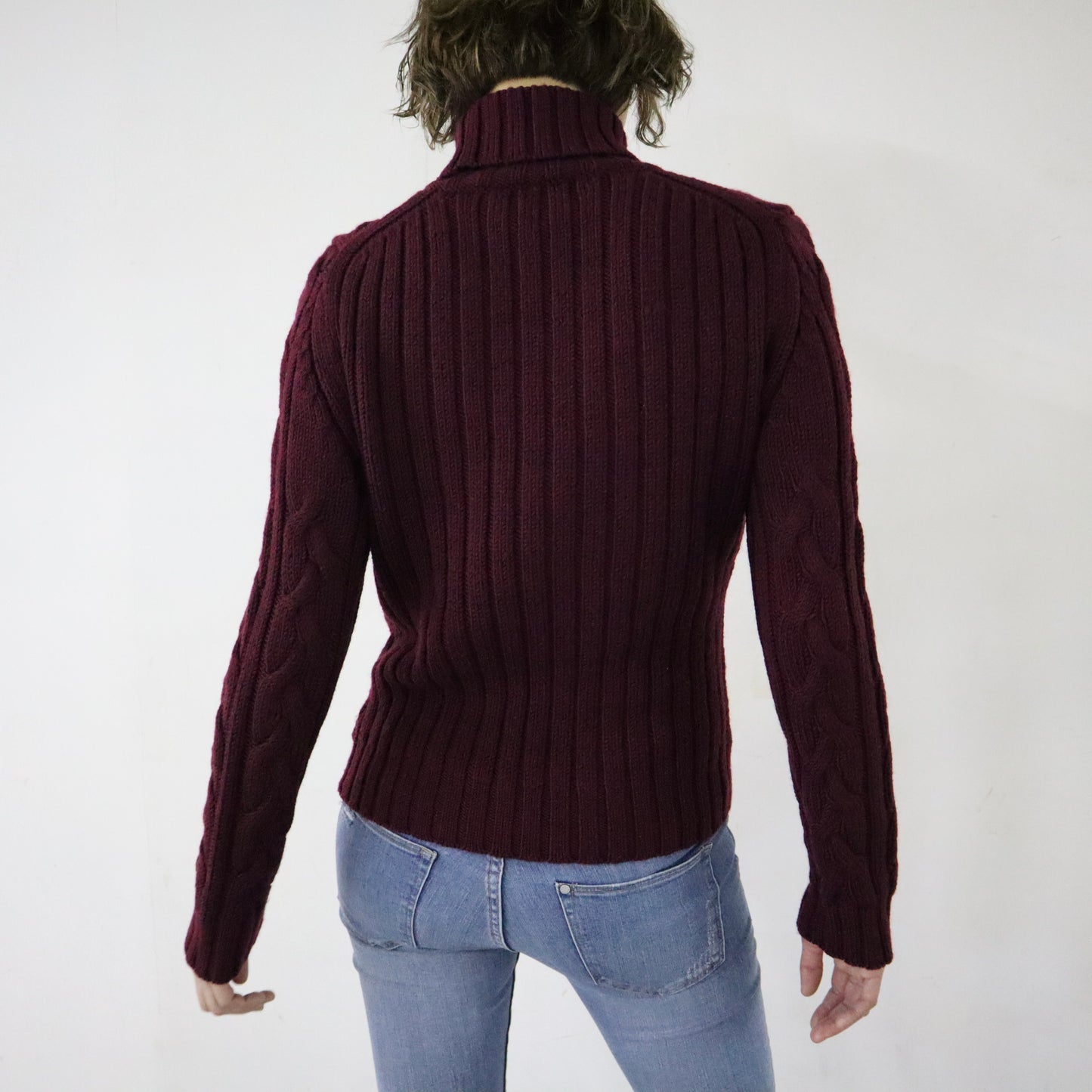 Turtle-Neck Wine Red Sweater with Black Beads