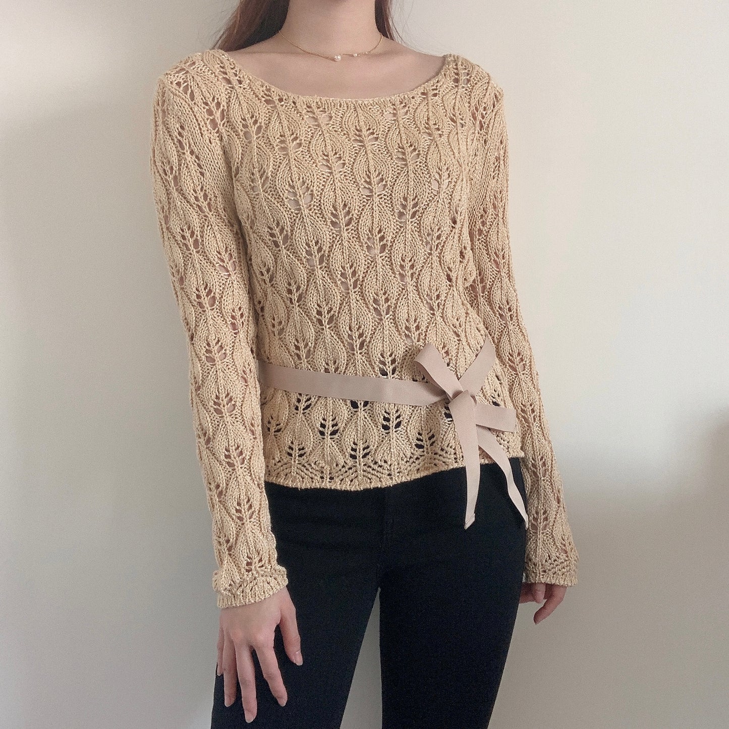 Golden Leaves Pattern Sweater with Ribbon