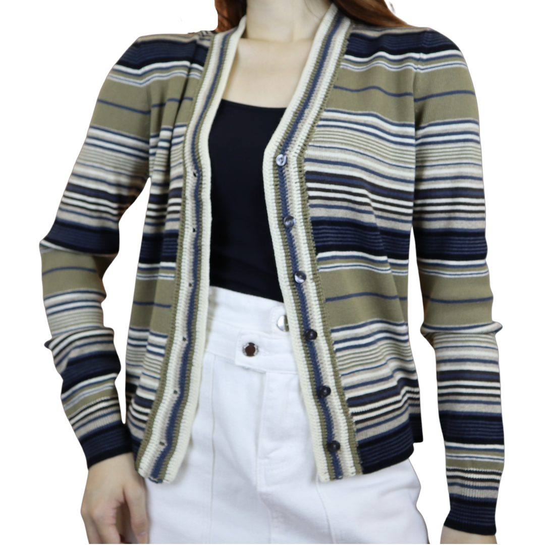 Olive Green Striped Wool Cardigan