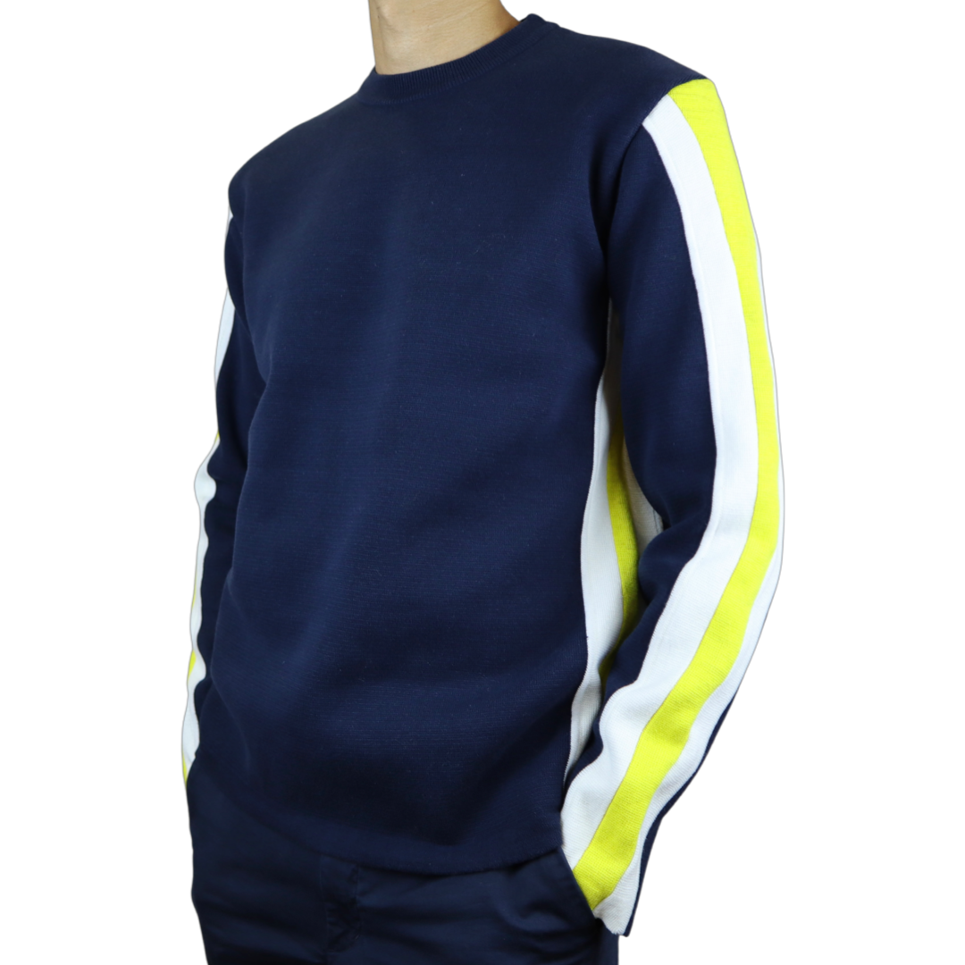 Dark Blue Sweater with Yellow and White Stripes