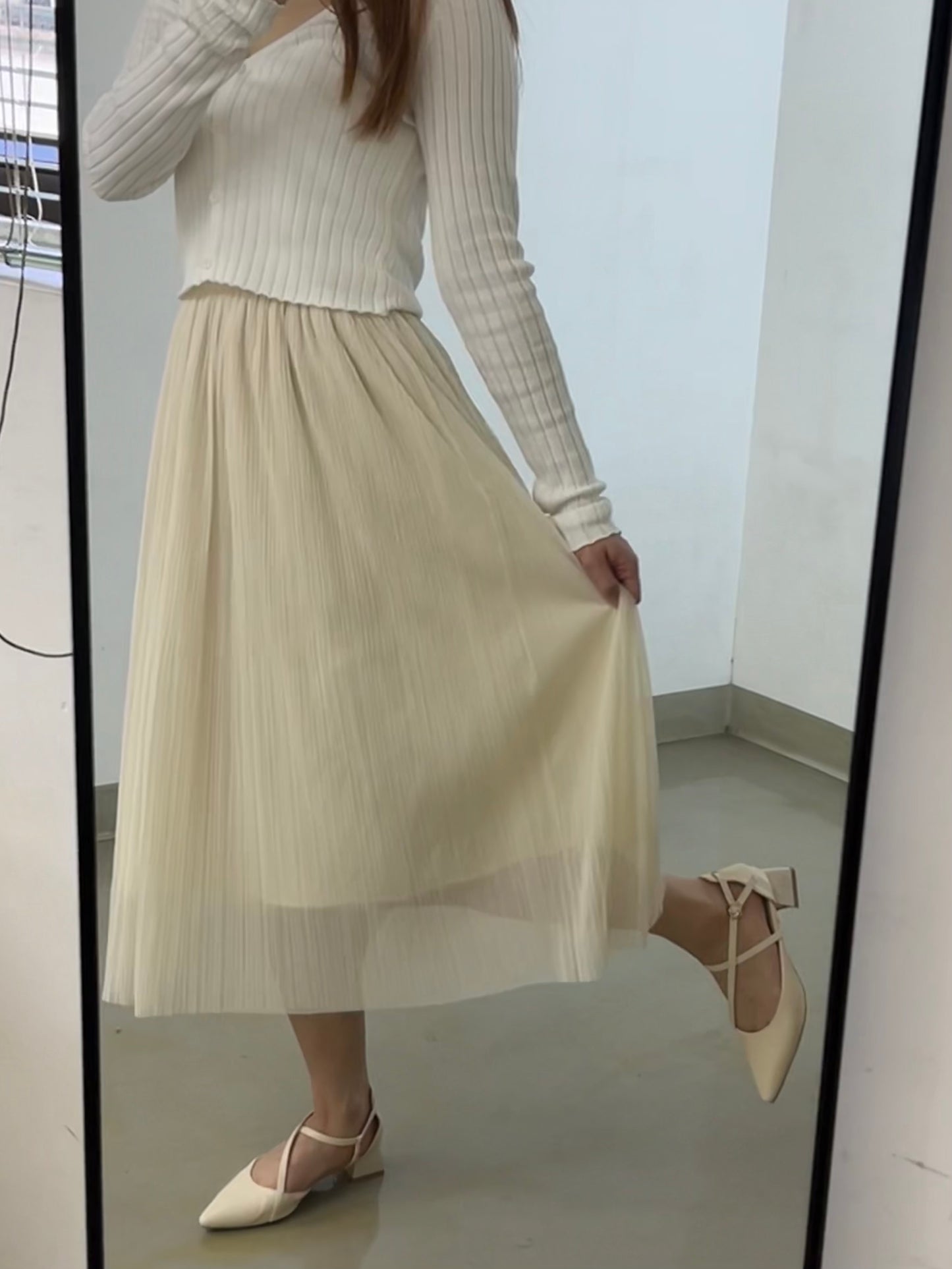 Beige Chiffon Calf-length Skirt