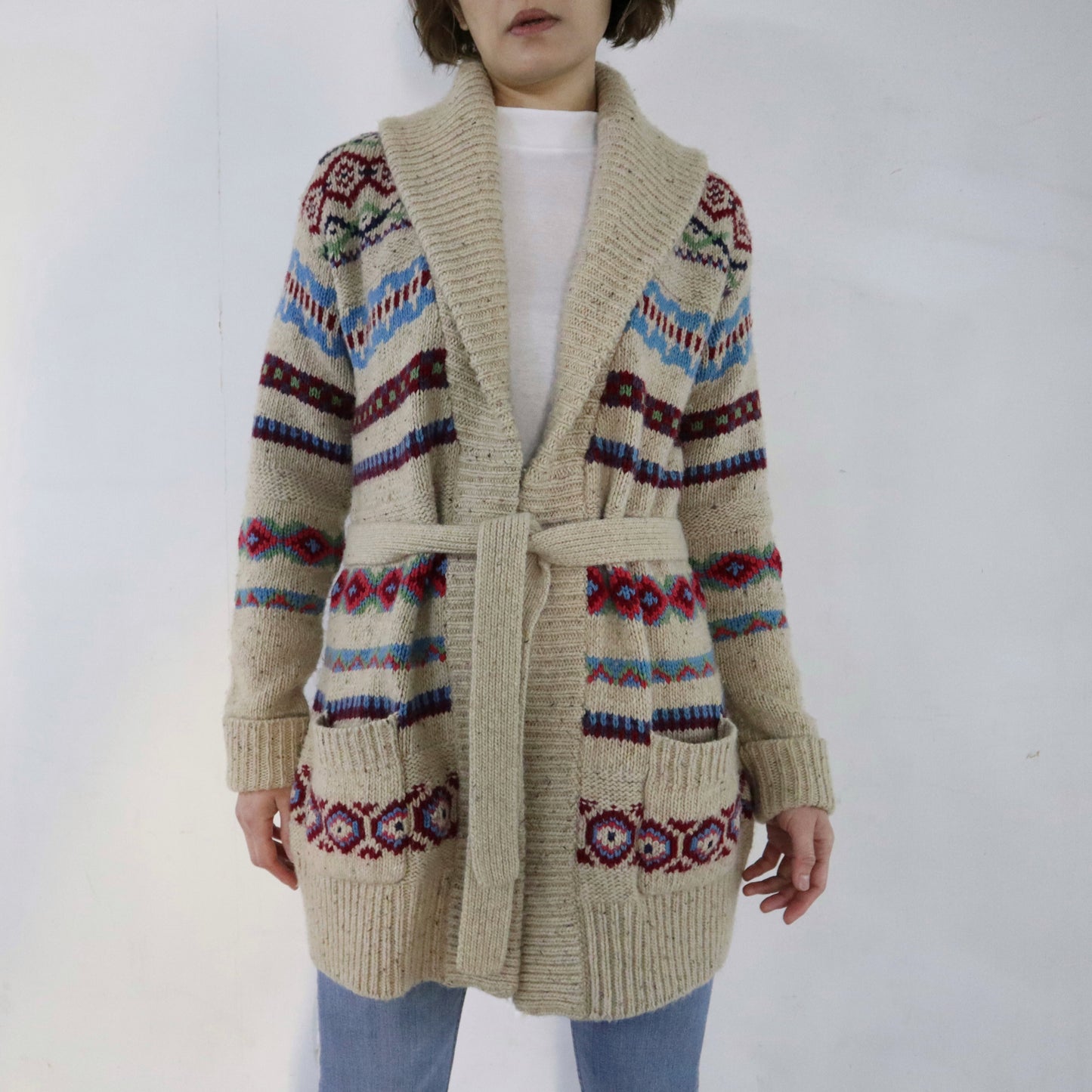 Beige Wool Belted Cardigan