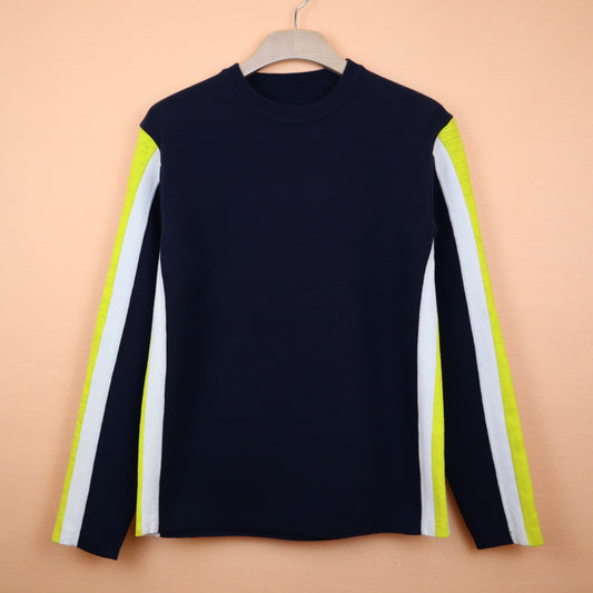Dark Blue Sweater with Yellow and White Stripes