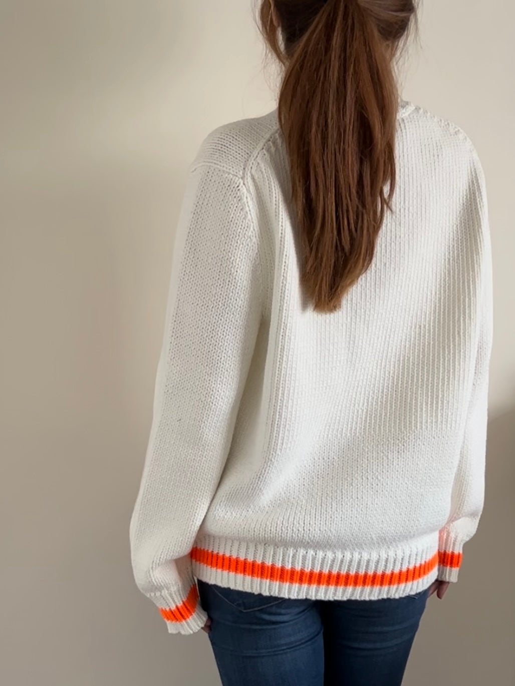 White Sweater with Orange Stripe Sweater