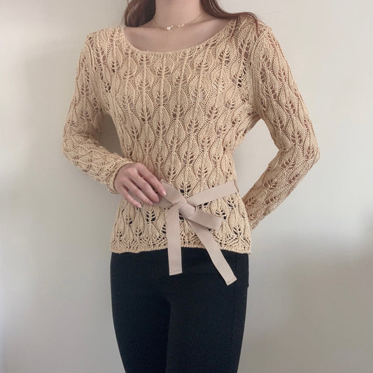 Golden Leaves Pattern Sweater with Ribbon