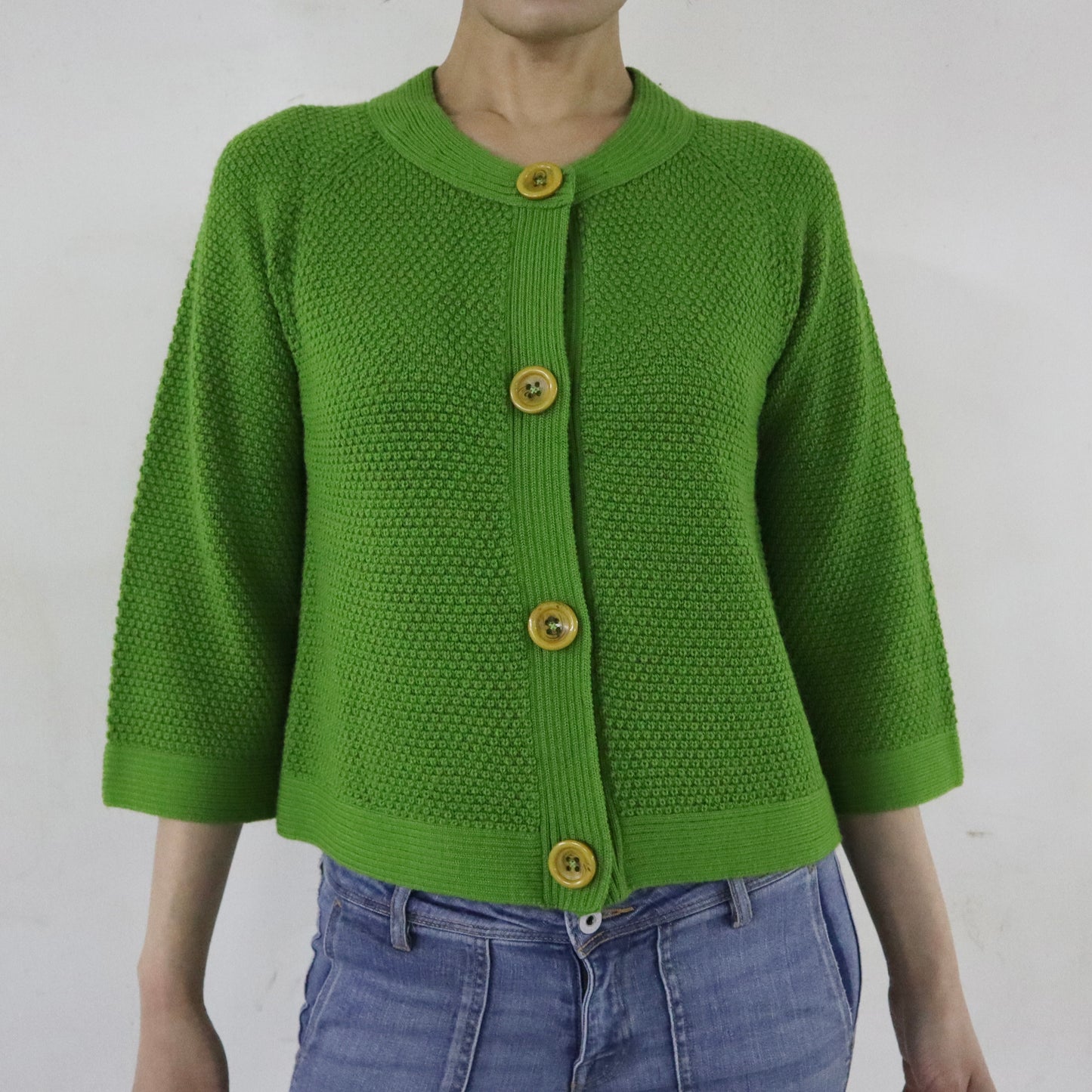 Green Cardigan with Yellow Buttons