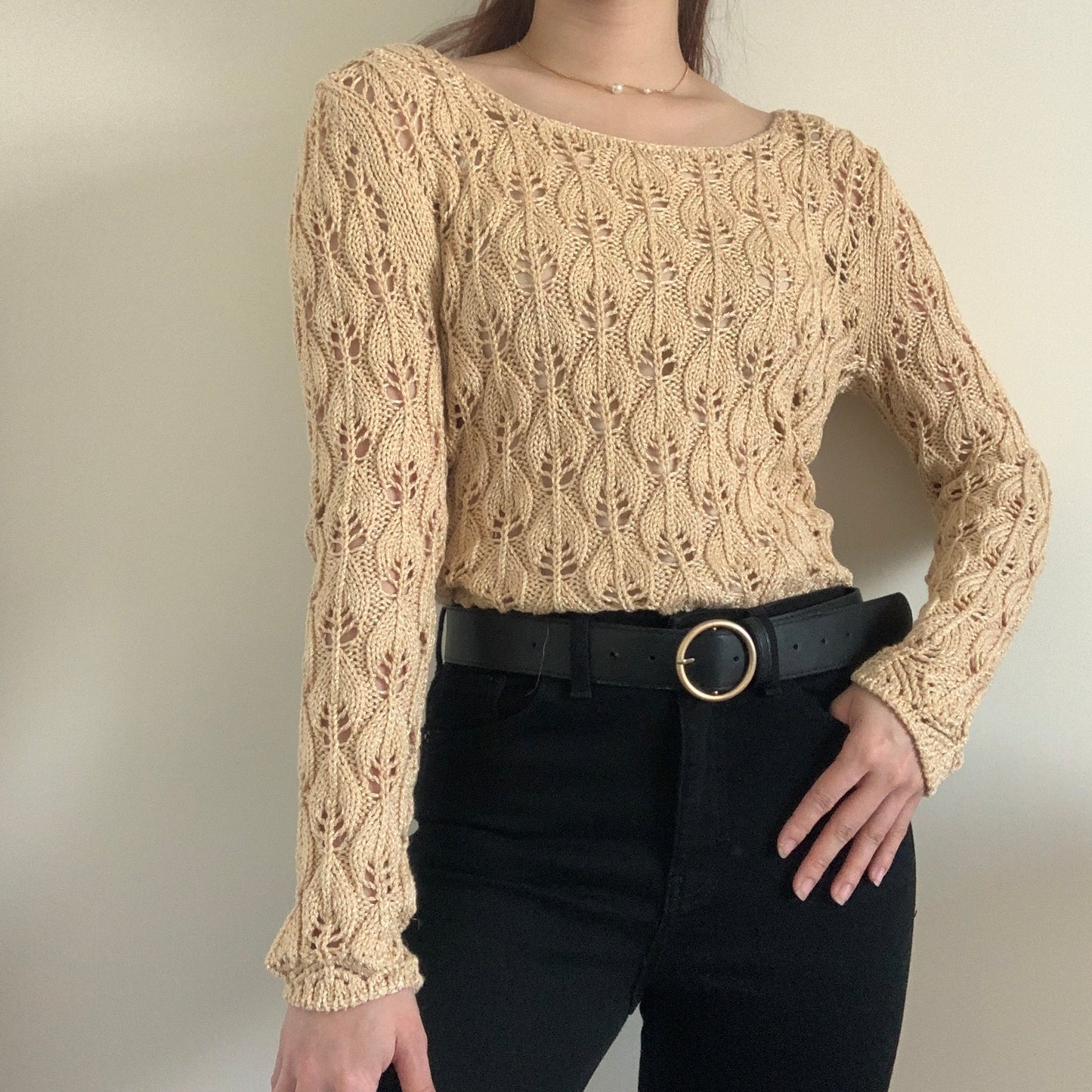 Golden Leaves Pattern Sweater with Ribbon