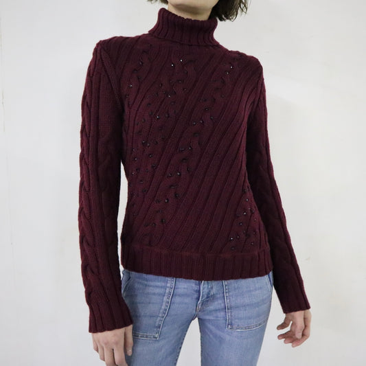 Turtle-Neck Wine Red Sweater with Black Beads