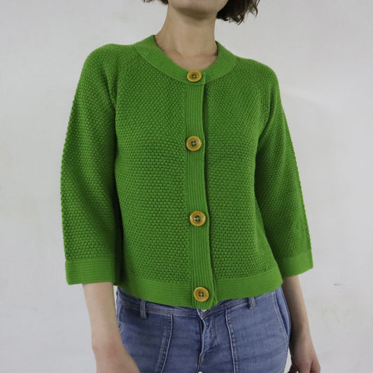 Green Cardigan with Yellow Buttons