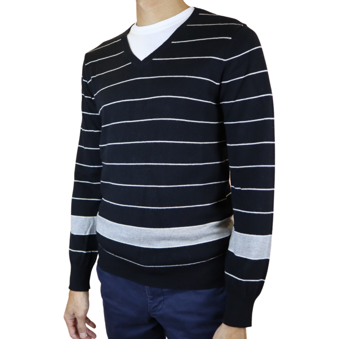 V-Neck Black Sweater with White Stripes