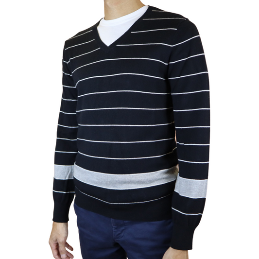 V-Neck Black Sweater with White Stripes