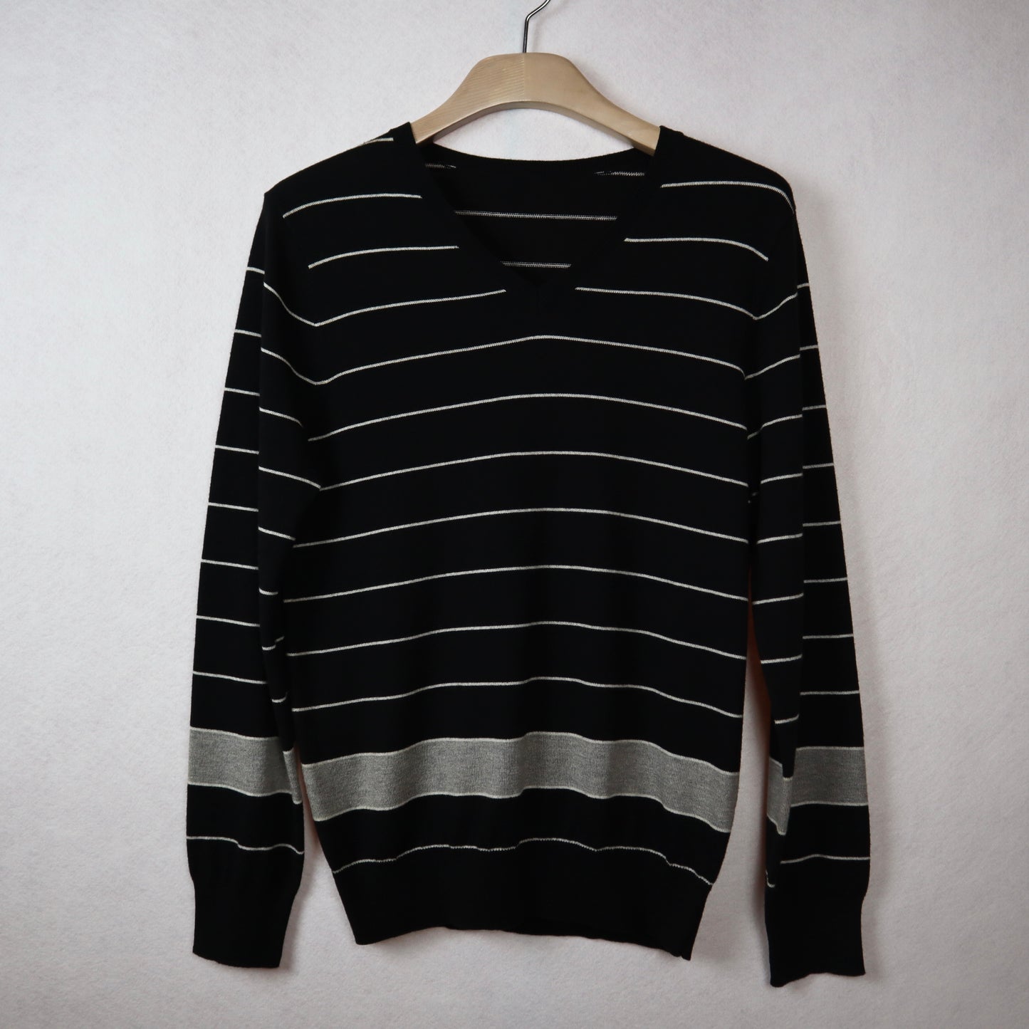 V-Neck Black Sweater with White Stripes