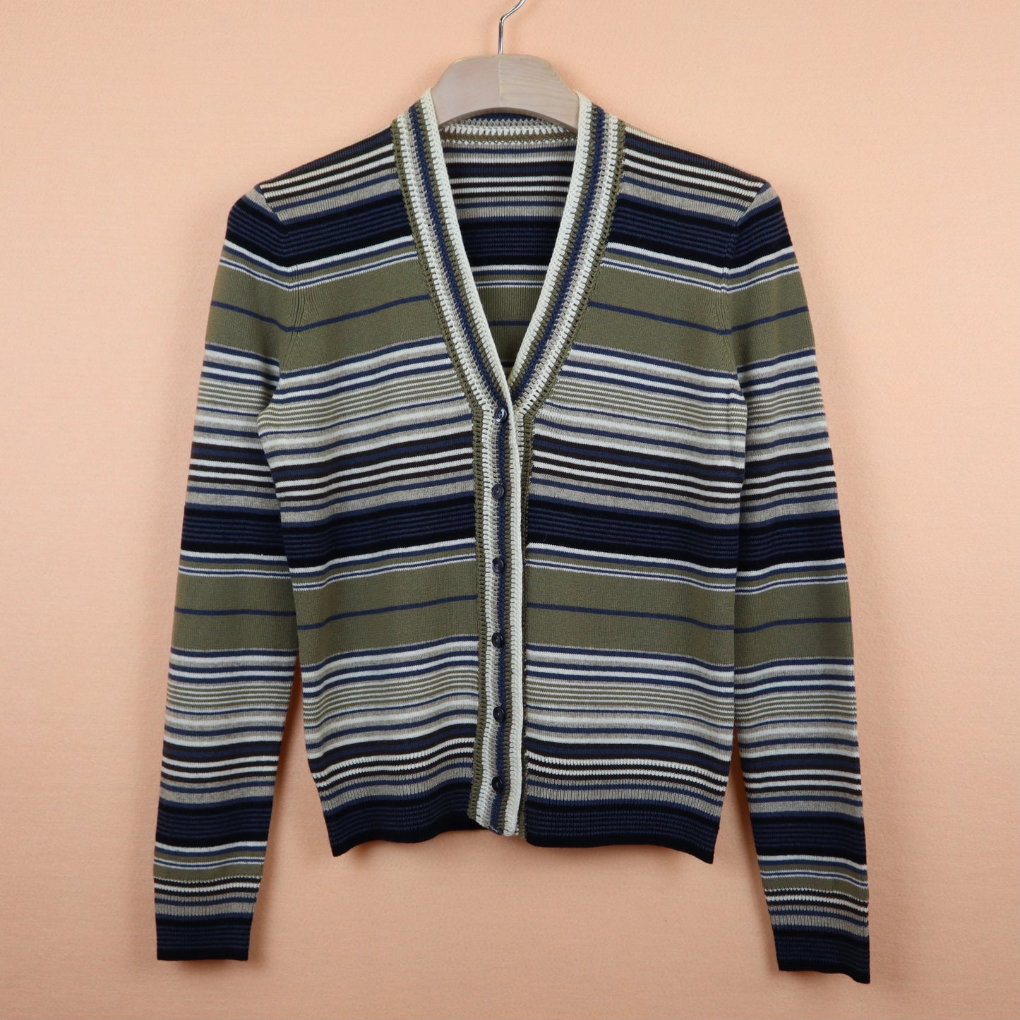 Olive Green Striped Wool Cardigan