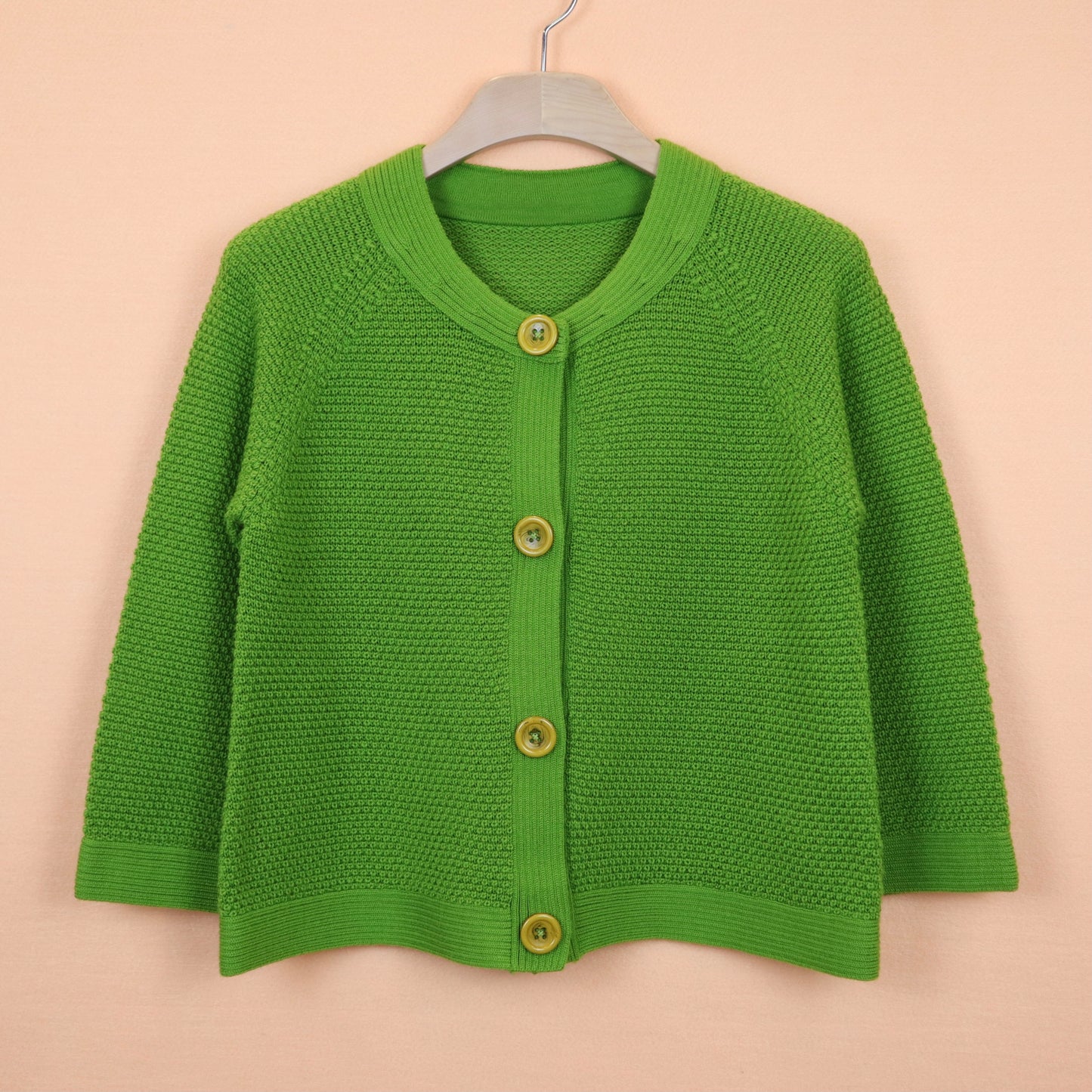 Green Cardigan with Yellow Buttons