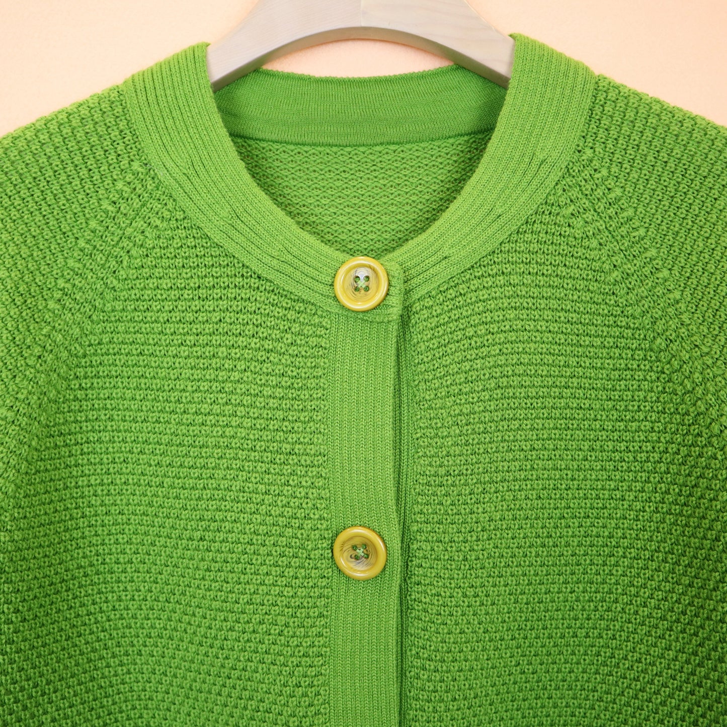 Green Cardigan with Yellow Buttons