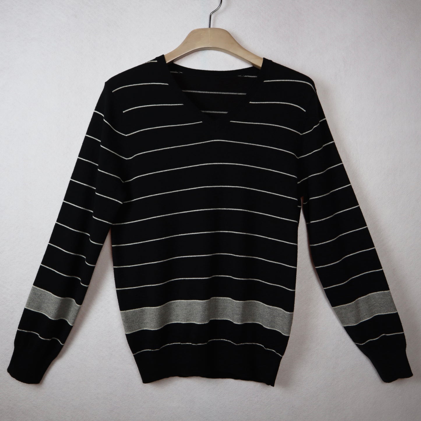 V-Neck Black Sweater with White Stripes