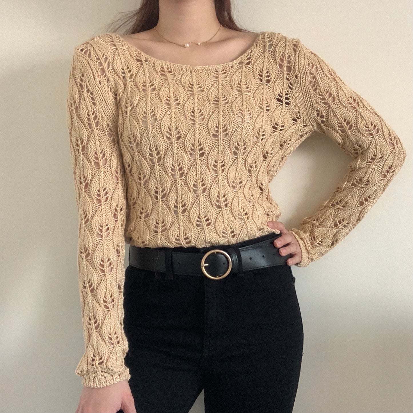 Golden Leaves Pattern Sweater with Ribbon