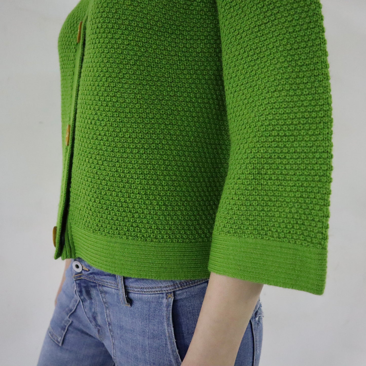 Green Cardigan with Yellow Buttons