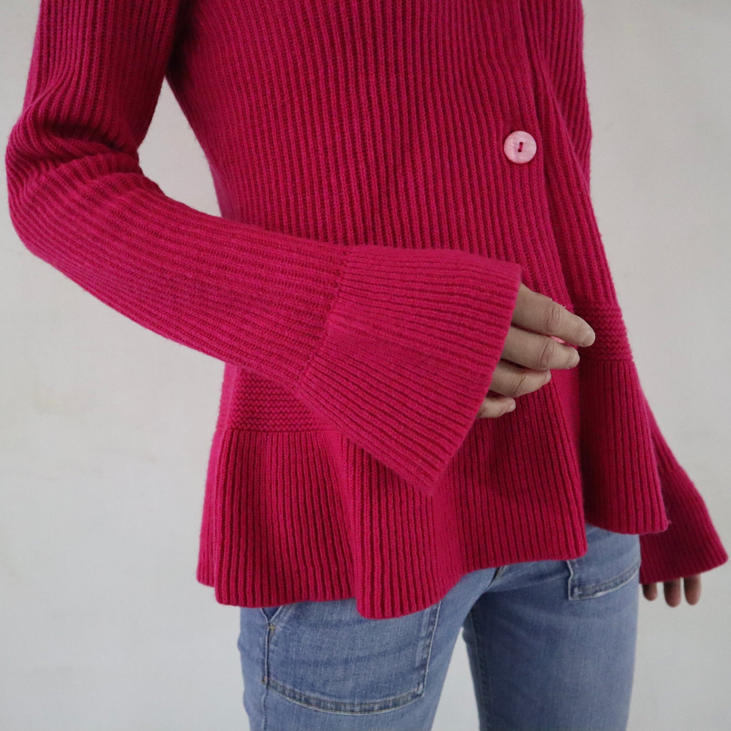 Red Pink Slim Fit Cardigan with Bell Shaped Sleeves