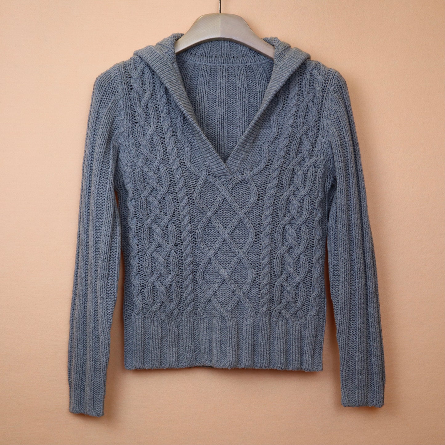 Grey V-Neck Cable Knit Sweater