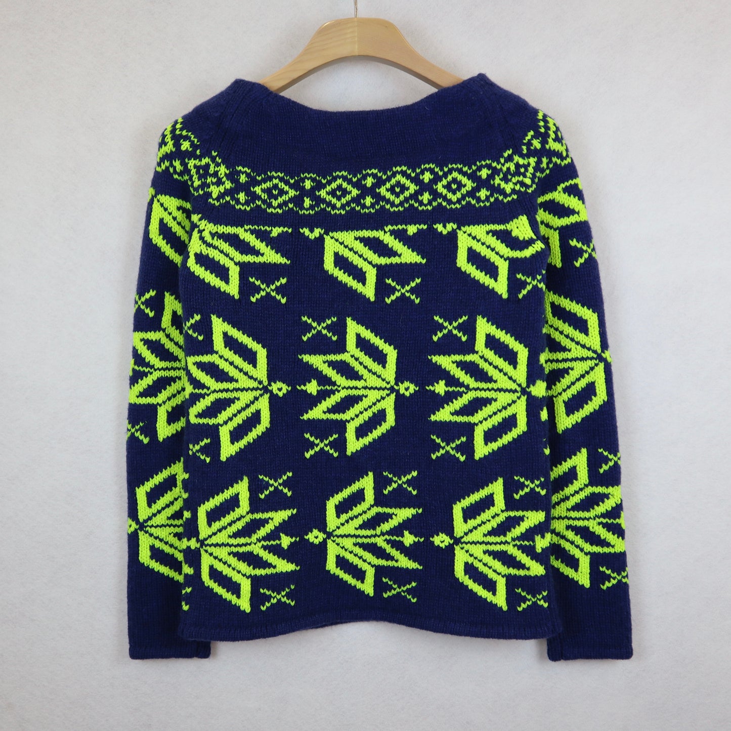 Dark Blue Sweater with Neon Yellow Snowflakes Pattern