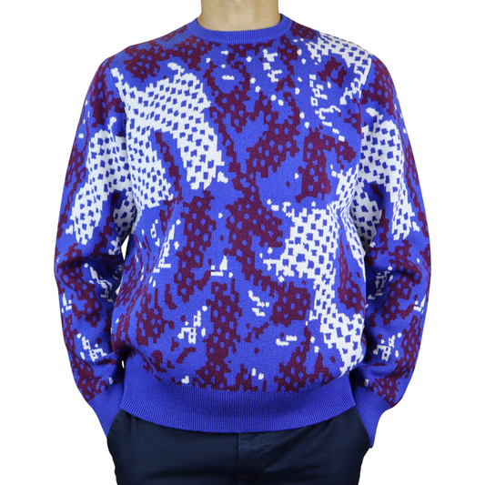 Blue Sweater with Red and White Patterns