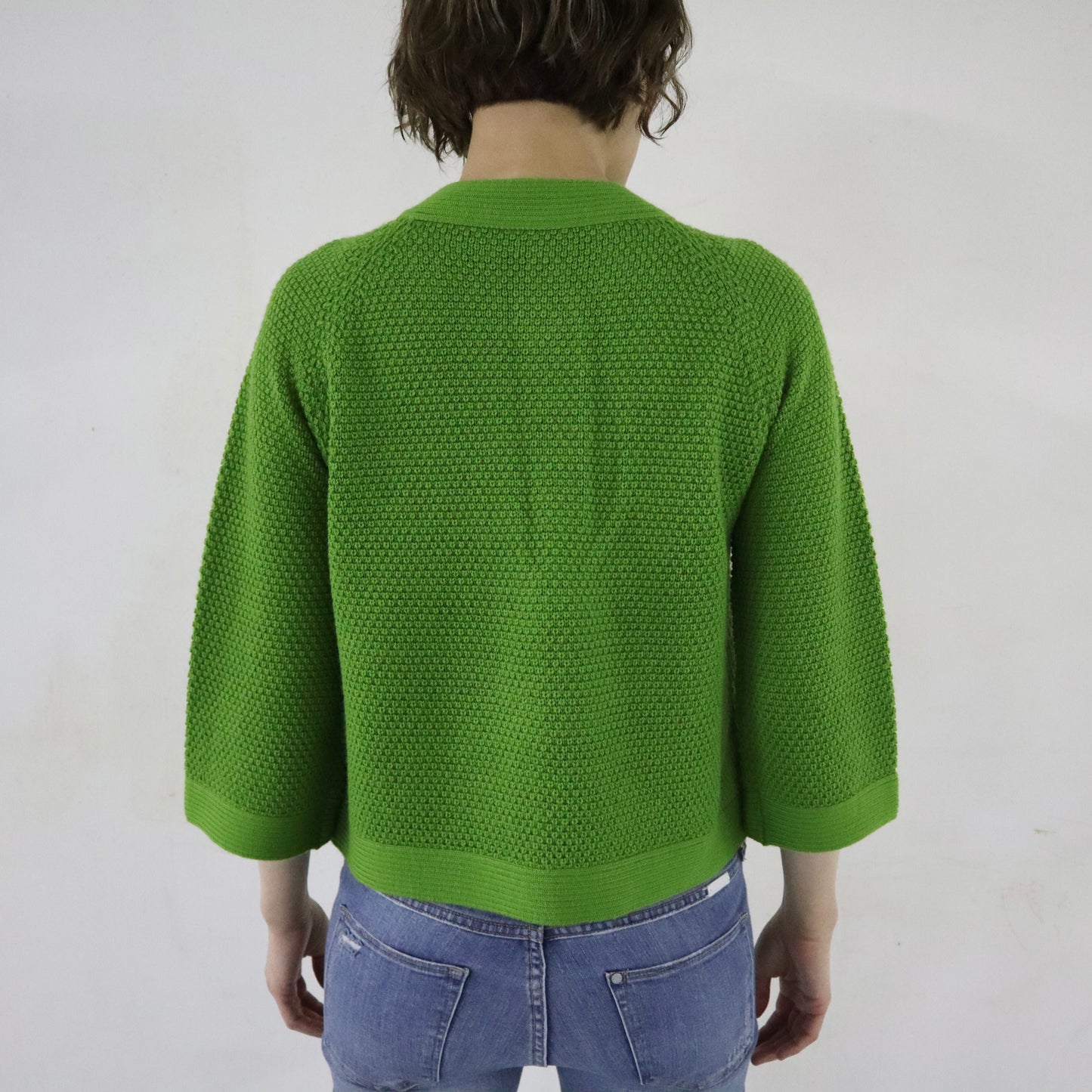 Green Cardigan with Yellow Buttons