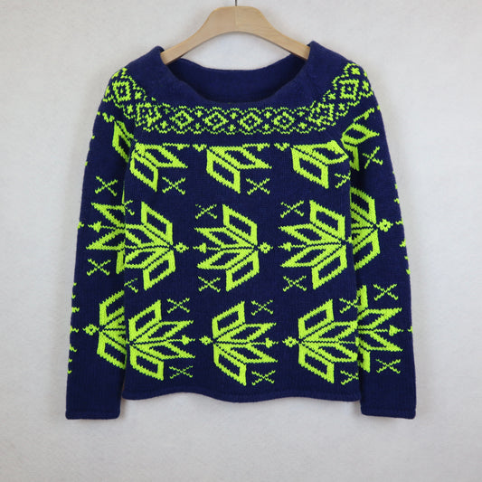 Dark Blue Sweater with Neon Yellow Snowflakes Pattern