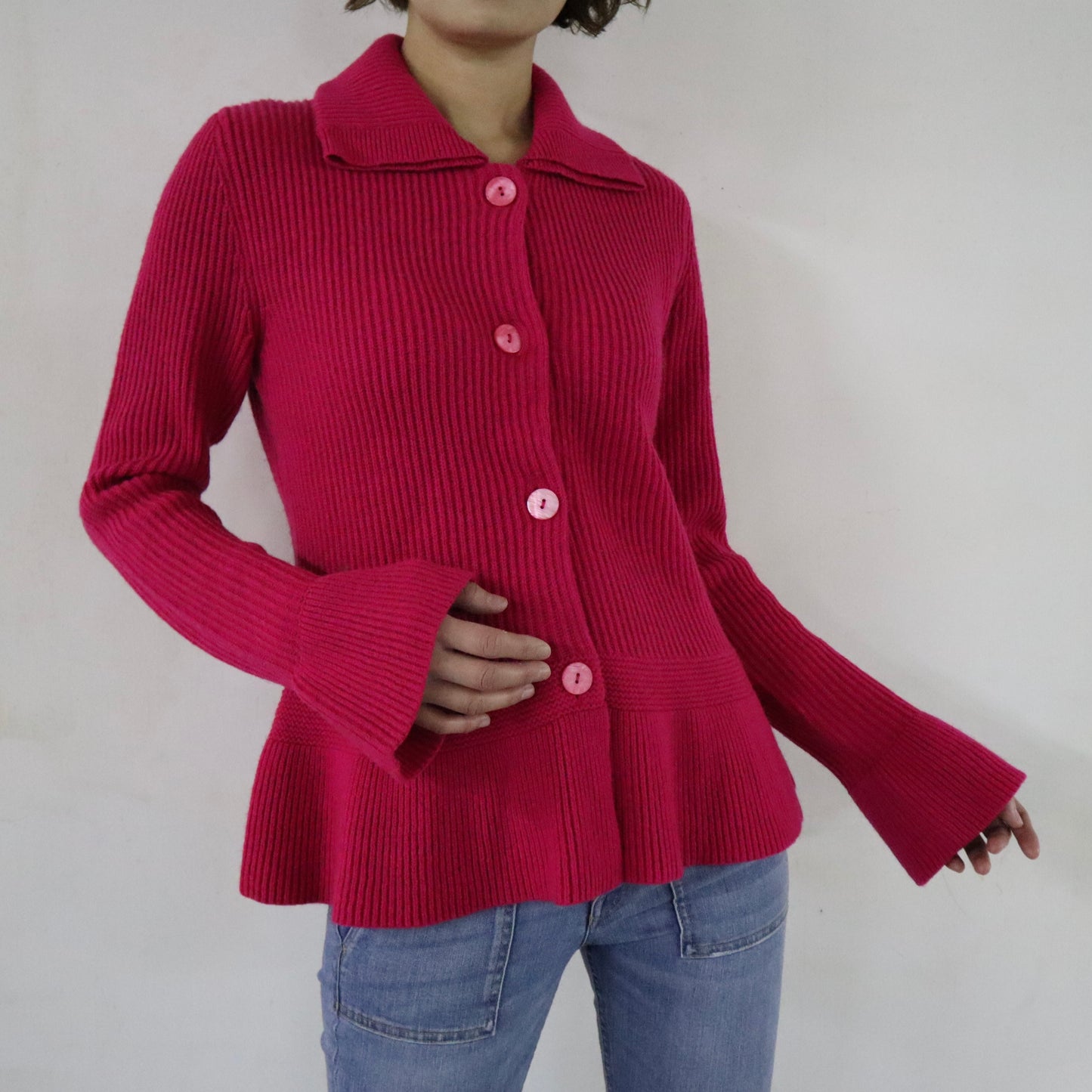 Red Pink Slim Fit Cardigan with Bell Shaped Sleeves